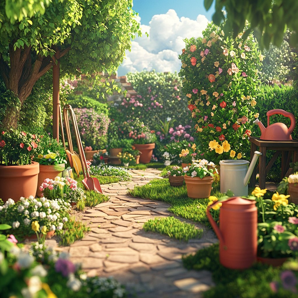 Pictured is a beautiful garden setting in the backyard of a home. Lush trees, flowers, adn cobblestone path are seen as far as the eye can see. Potted plants and watering cans are pictured throughout the image.