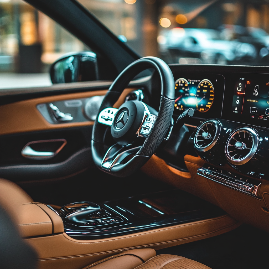 The image shows the interior of a vehicle with leather trim. Black leather steering wheel, and tan leather trim throughout the cabin.