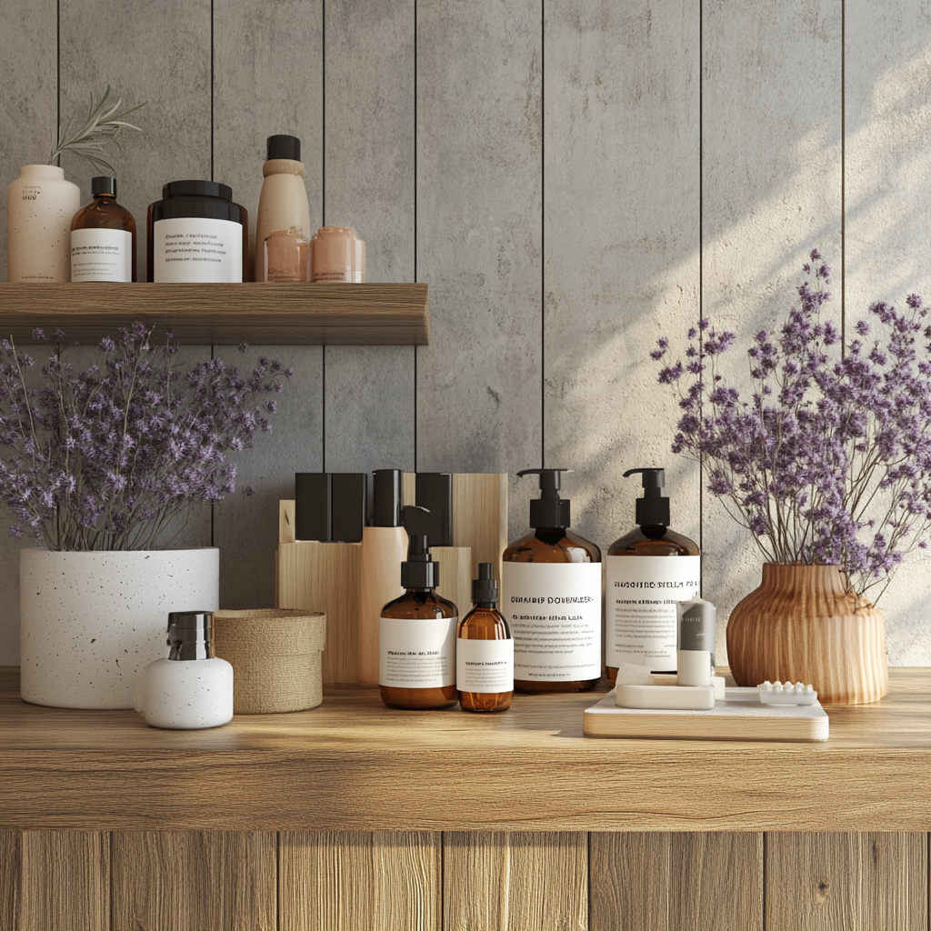 Pictured is a beautiful collection of health & beauty products. Wach product pictured has a specific purpose ranging from skin care to hair care products.