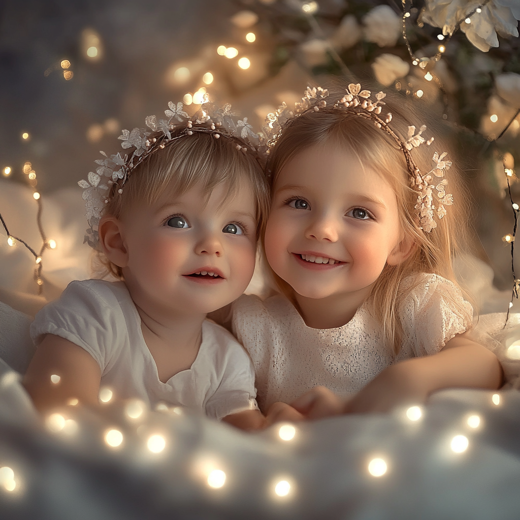 The image shows two children surrounded by Christmas lights. Both kids are smiling and look well-dressed, healthy, and happy!
