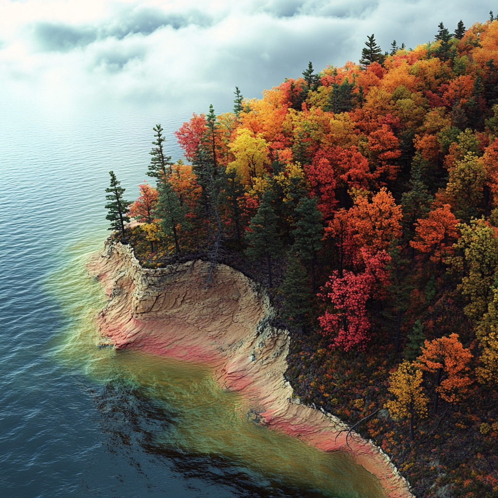 Image of the Upper Peninsula, Michigan in the fall from the perspective of a high-end drone equipment. Northern Michigan, UP Lake Superior shoreline.