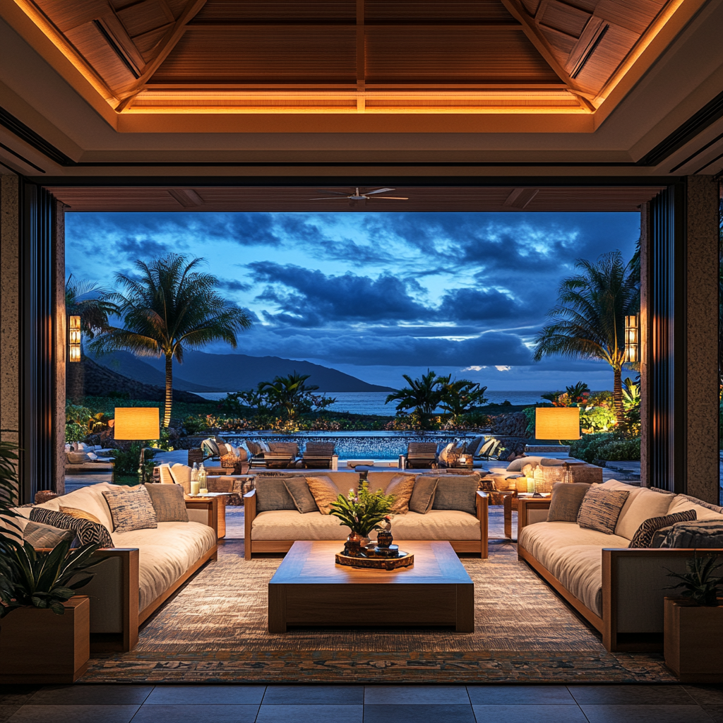 The image looks out from a family room set with luxurious furnishings in a tropical setting at sunrise. Home decor pictured is clean and comfortable.