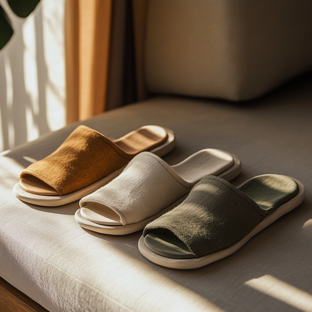 Pictured is three different pairs of sandals and comfy slipper. Beige, tan, grey and brown comfortable slip-ons.