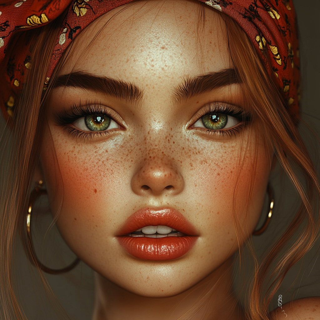 Pictured is a gorgeous young woman with great skin and wearing a red bandana. Her lips are full, eyes green, and she has gold hoop ear rings.