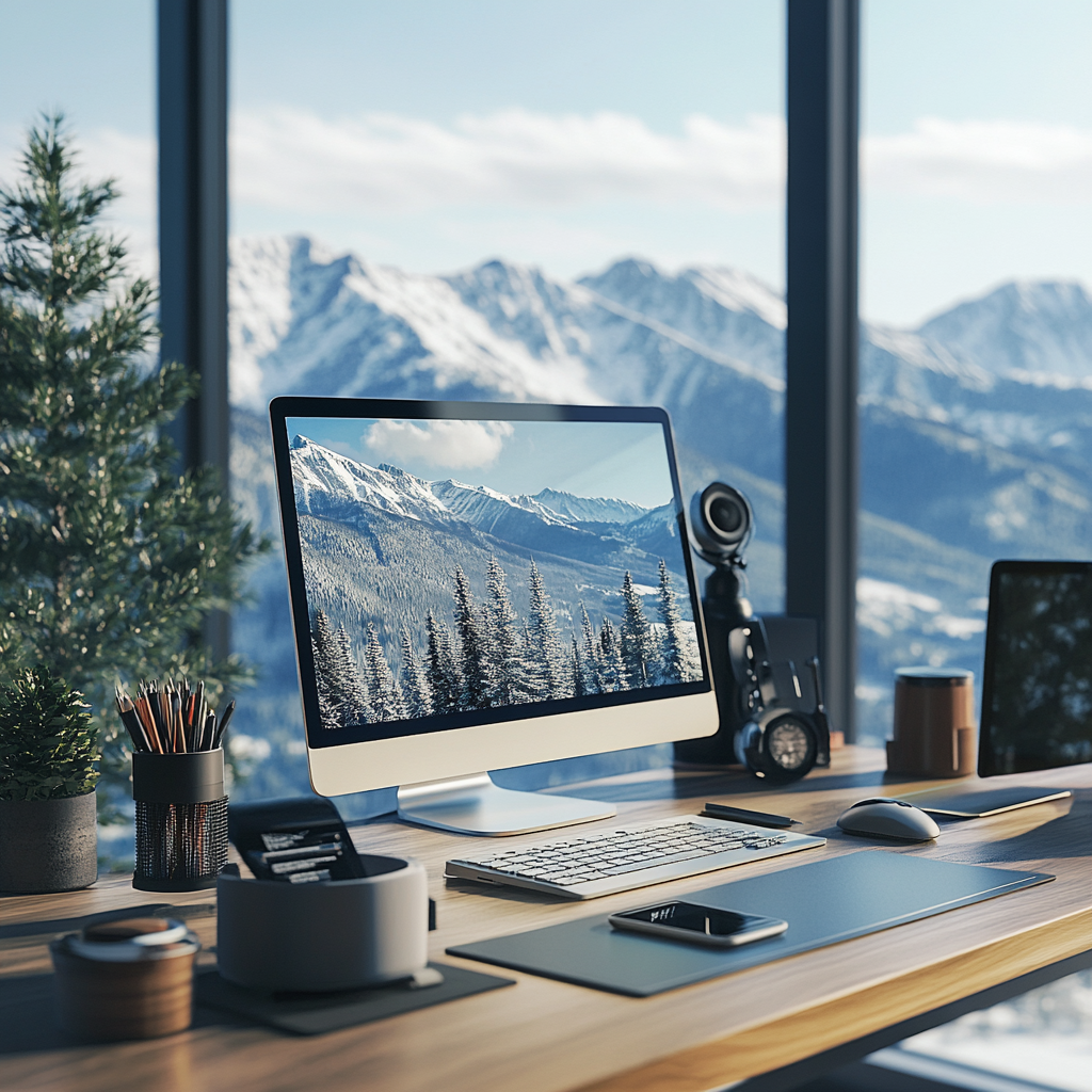 Image of an office overlooking the rocky mountains all glass window floor-to-ceiling. Desk has nice screen, computer, audio, and typical office accessories.