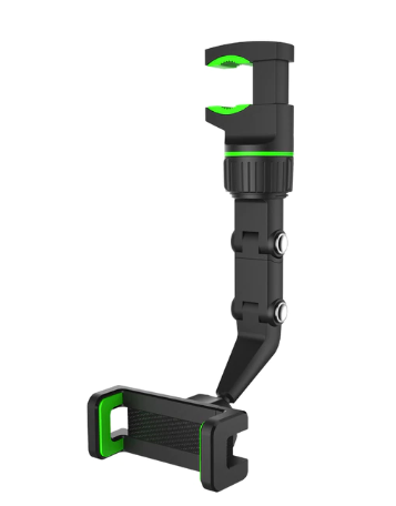 An adjustable car headrest phone holder with green accents. The holder features a clamp mechanism at the top for attaching to a car headrest, a flexible and adjustable arm with two pivot points for positioning, and a phone grip at the bottom with green accents for securely holding a smartphone. The design is sleek and modern, primarily black with green highlights.