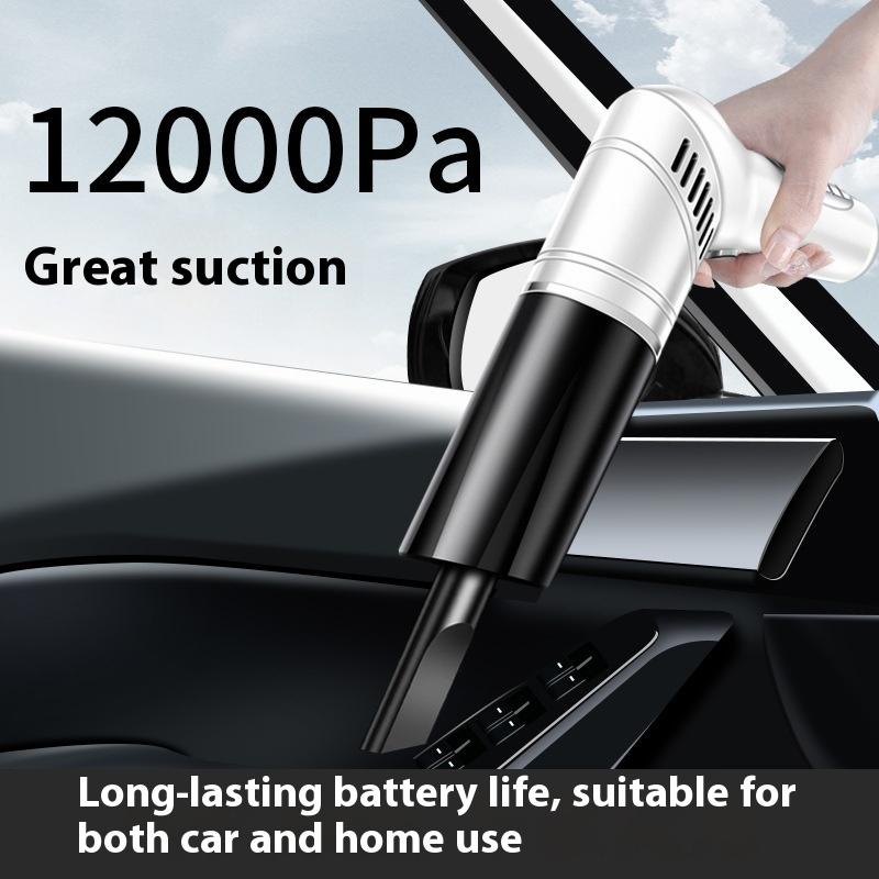 "A handheld vacuum cleaner being used to clean the interior of a car. The vacuum cleaner has a suction power of 12000Pa and is advertised as having great suction and long-lasting battery life, suitable for both car and home use."