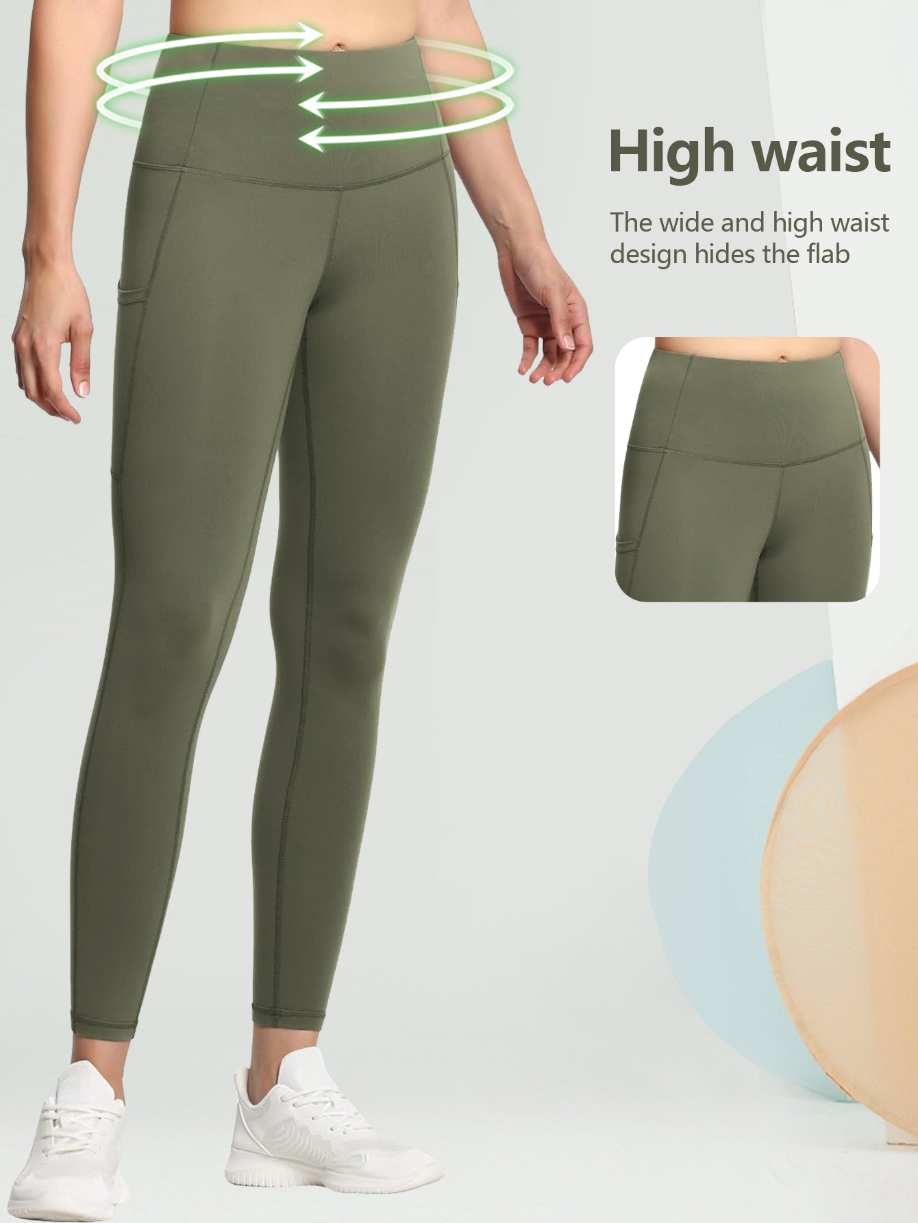 A woman wearing olive green leggings that features the high waist design that is high and wide. The benefits allow the user to hide the flab on their stomach quite easily!