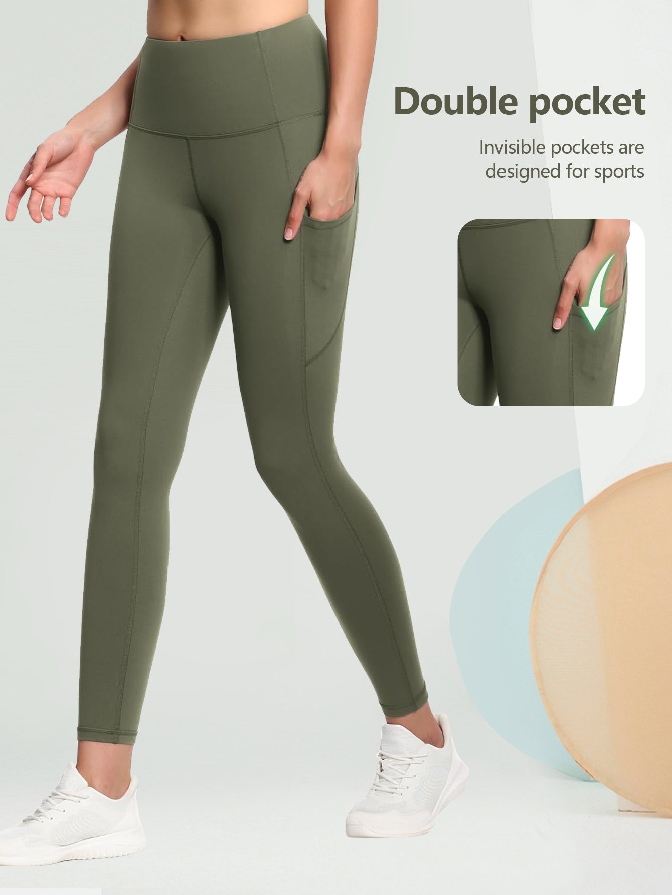 "Model wearing high-waisted olive green leggings with double pockets, highlighting invisible sports design, stretchy, non-see-through, perfect for workouts and everyday wear."