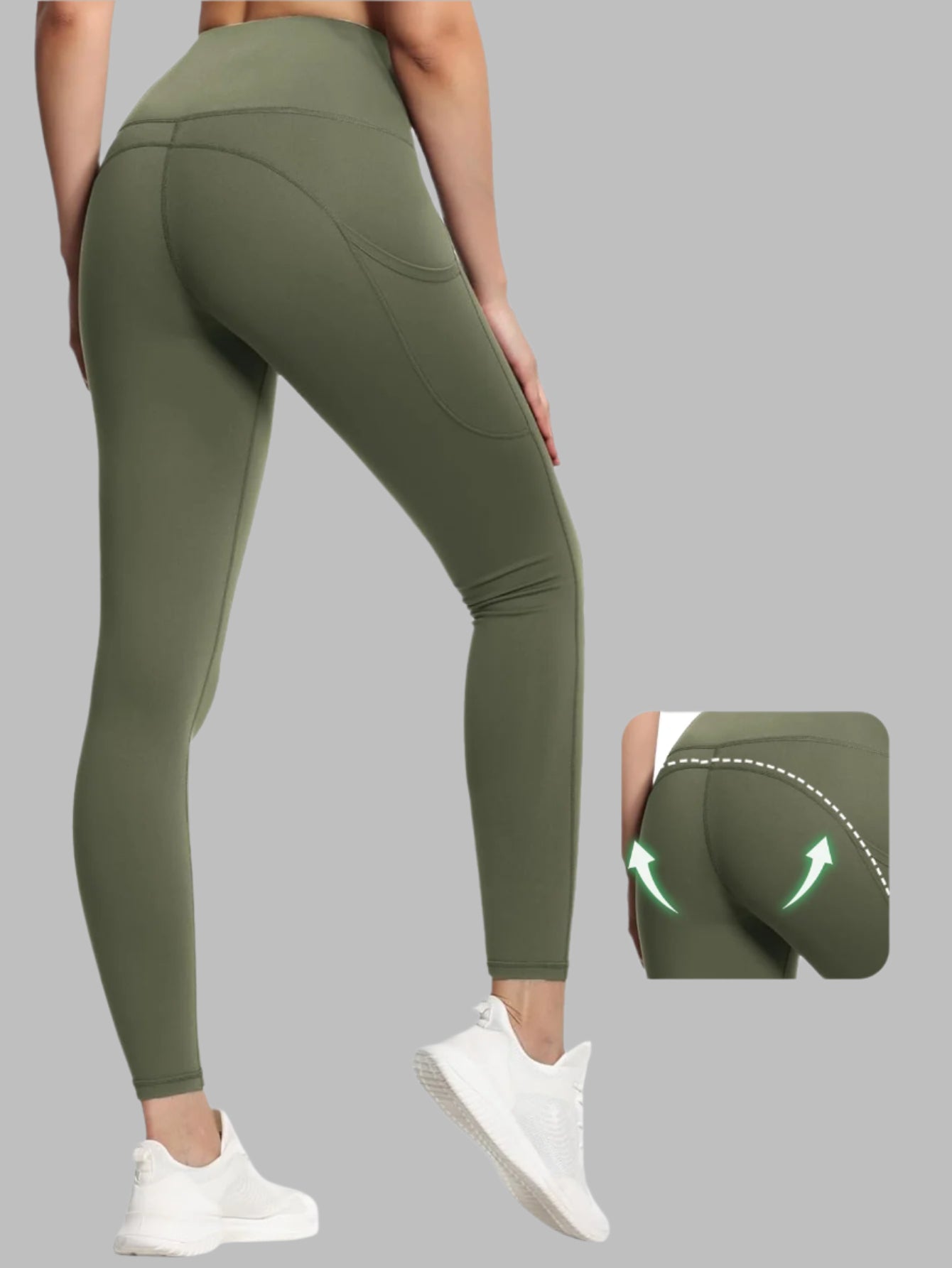"Woman wearing olive green high-waisted seamless yoga pants, tummy control, butt lift, stretchy workout leggings."