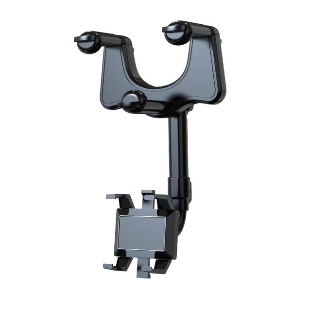A black universal car headrest tablet mount holder with adjustable clamps and a sturdy arm, designed to securely hold tablets and other devices for rear-seat passengers. The mount is shown attached to a car headrest, providing a convenient viewing experience for passengers.