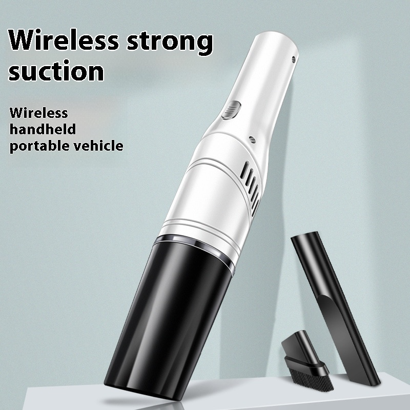 "A wireless handheld vacuum cleaner with strong suction capability. The vacuum cleaner is shown in a white and black color scheme, with two additional nozzle attachments displayed beside it. The text on the image reads 'Wireless strong suction' and 'Wireless handheld portable vehicle.'"