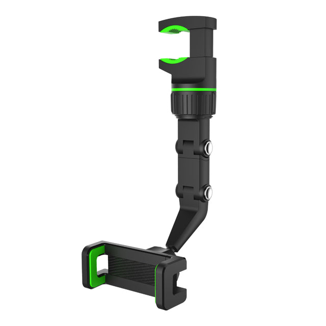 An adjustable car headrest mount designed to hold tablets and smartphones. The mount features a black and green color scheme, with a clamp at the top for attaching to a car headrest and a secure holder at the bottom for devices. The mount has multiple joints for flexible positioning and a sturdy build for stability during travel.