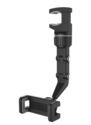 An adjustable clamp mount phone holder with a black finish. The holder features a clamp at the top for attaching to surfaces, a flexible jointed arm with two adjustment points, and a phone holder at the bottom with a textured grip for secure phone placement.