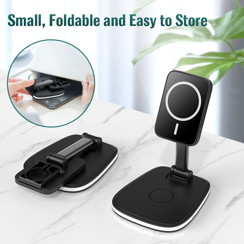 "A foldable phone stand is shown in two states: one folded flat and the other extended upright. The stand is black with a circular design on the phone holder. A small inset image shows the stand being stored in a bag. The text 'Small, Foldable and Easy to Store' is displayed at the top."