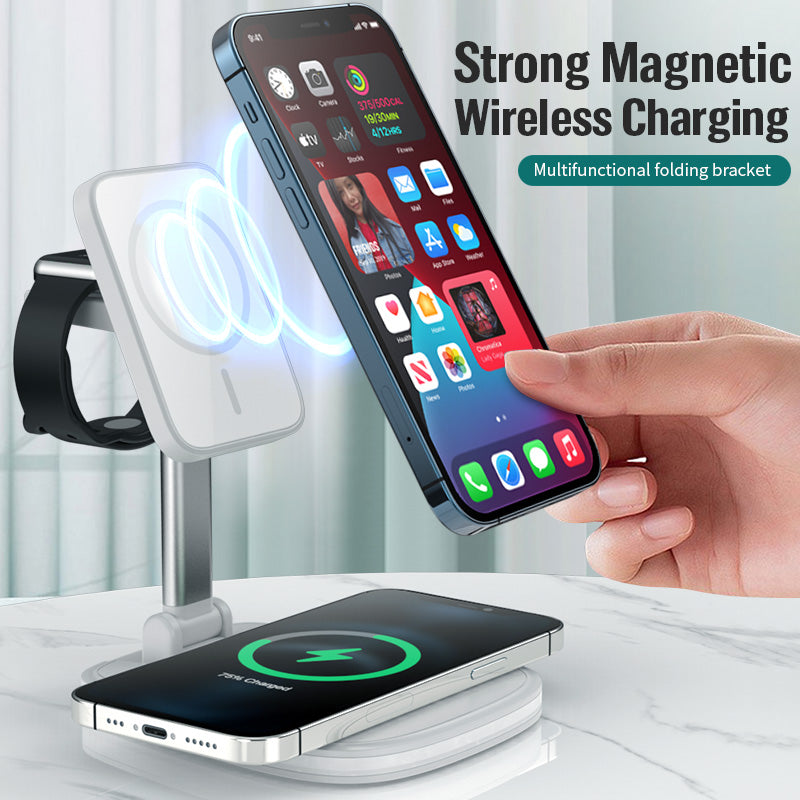 A promotional image showcasing a strong magnetic wireless charging stand. The stand features a multifunctional folding bracket and is shown charging two smartphones simultaneously. One phone is attached vertically to the magnetic stand, while the other is lying flat on a wireless charging pad. The text on the image reads "Strong Magnetic Wireless Charging" and "Multifunctional folding bracket."