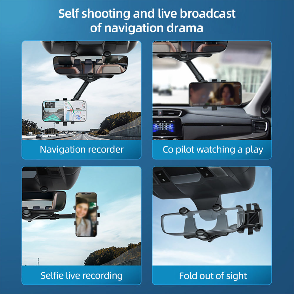 Image showing a multi-function car phone mount used for navigation recording, co-pilot entertainment, selfie live recording, and foldable storage. The mount is attached to the rearview mirror and can hold a smartphone in various positions for different uses.