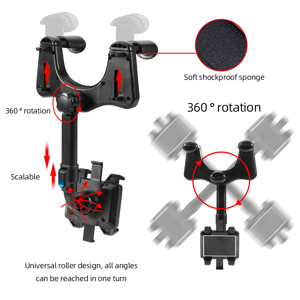 Image of a Universal 360° Rotating Car Headrest Tablet Holder. The holder features a soft shockproof sponge for device protection, a scalable arm for adjustable length, and a 360° rotation mechanism for versatile viewing angles. The design includes a universal roller that allows all angles to be reached in one turn.