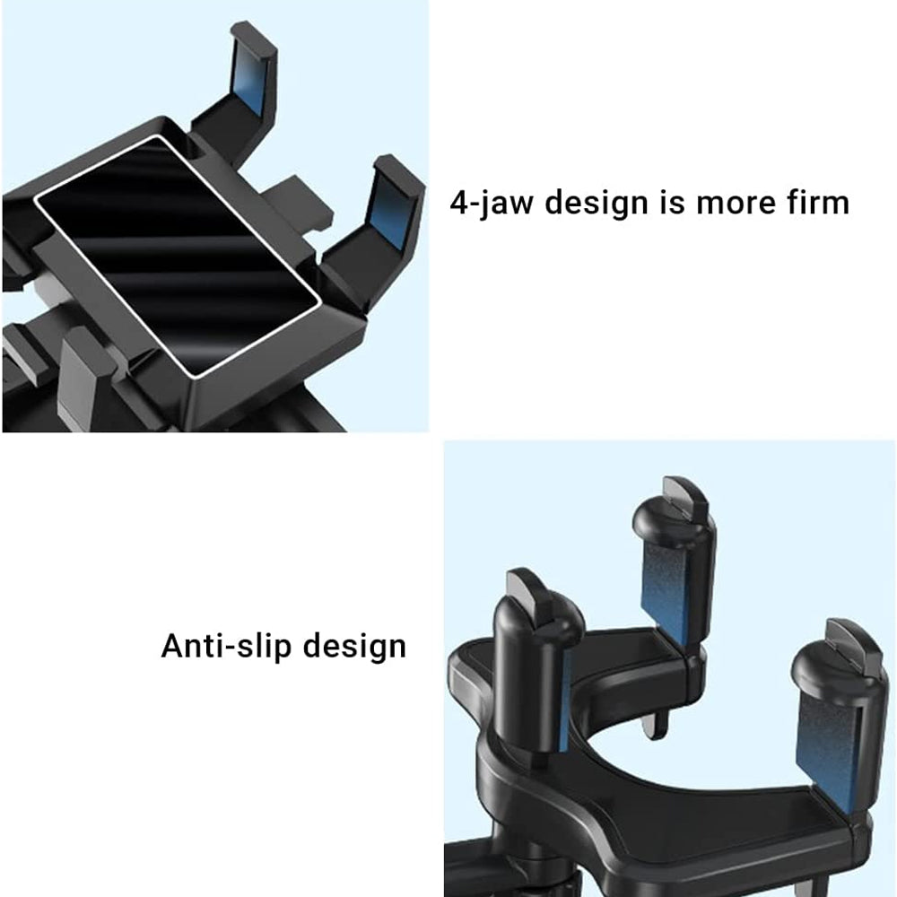 Image showing a universal phone holder with a 4-jaw design for a firm grip and an anti-slip feature. The top section highlights the 4-jaw design, while the bottom section emphasizes the anti-slip design. The holder is black with blue accents on the jaws.