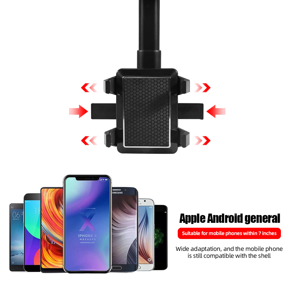Image of a universal adjustable car phone mount holder suitable for Apple and Android phones within 7 inches. The mount features a black, textured grip pad and adjustable arms that can expand to fit various phone sizes. Below the mount, several different smartphones are displayed, indicating compatibility with a wide range of devices. The text highlights the product's wide adaptation and compatibility with phone cases.