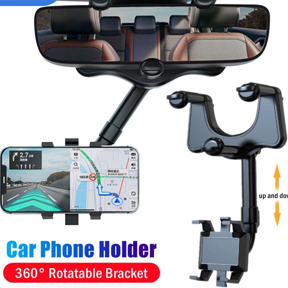Image of a universal car phone holder with a 360° rotatable bracket. The holder is attached to a rearview mirror and securely holds a smartphone displaying a navigation app. The design allows for easy adjustment and positioning of the phone for optimal viewing while driving.