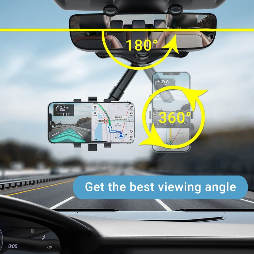 Image of a universal rearview mirror phone mount showing its 180° and 360° rotation capabilities. The mount holds a smartphone displaying a navigation app, demonstrating its use for optimal viewing angles while driving. The text "Get the best viewing angle" is prominently displayed.