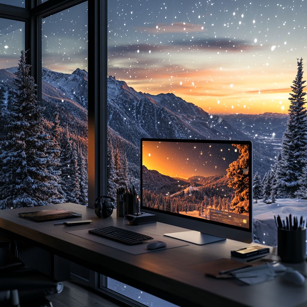 Snow is falling outside with a sunset view of the Colorado Rocky Mountains. Pictured are tech gadgets sitting atop a desk that is streamlined for efficiency. Floor-to-ceiling windows as winter is just getting started in this beautiful setting. 