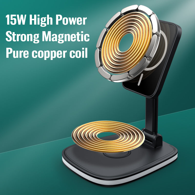 "A 15W high power wireless charger featuring a sleek black stand and base. The charger has a strong magnetic pure copper coil, prominently displayed in the center, highlighting its advanced technology for efficient wireless charging."