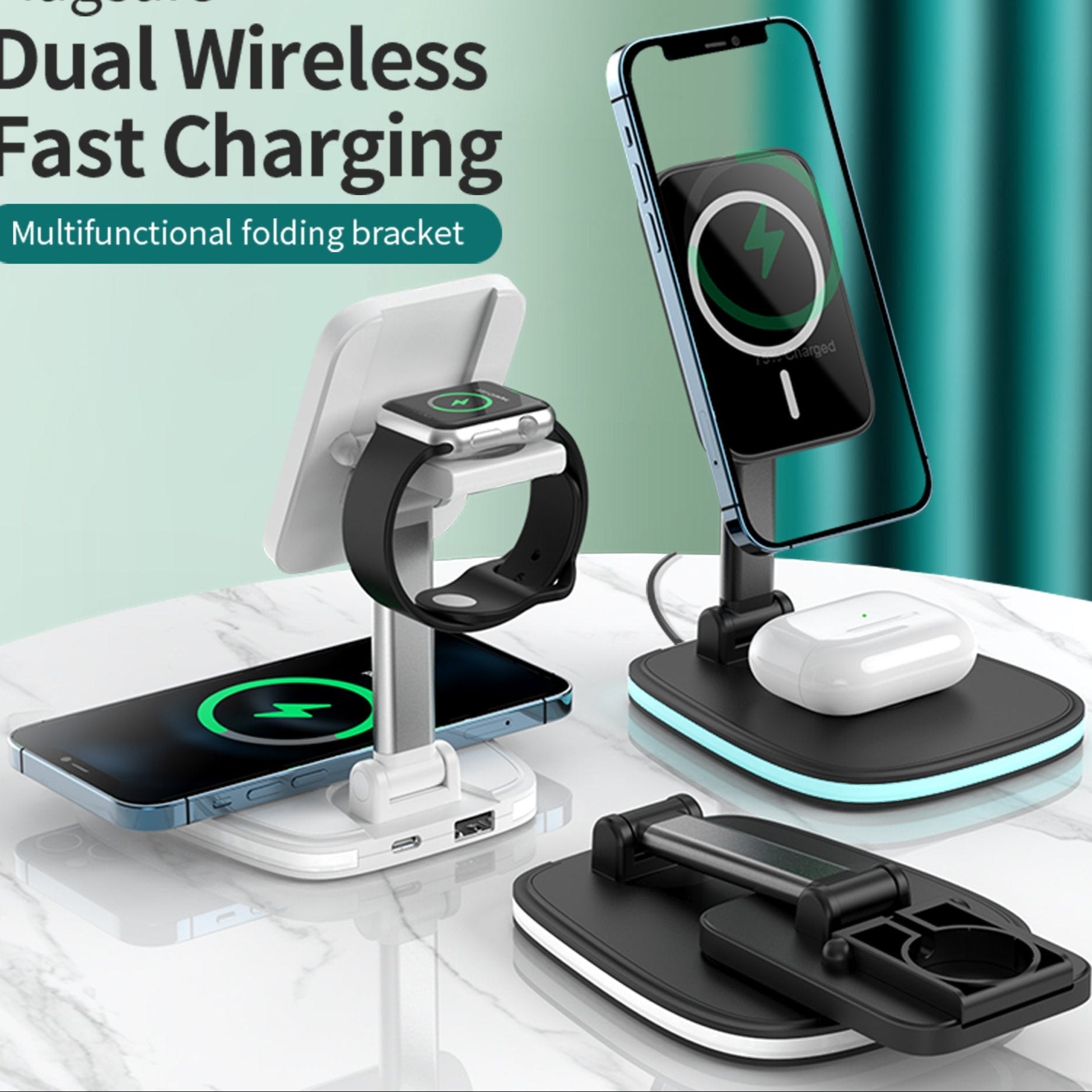 "A promotional image showcasing a multifunctional folding bracket for dual wireless fast charging. The image displays various devices, including a smartphone, smartwatch, and wireless earbuds, being charged simultaneously on different charging stands. The text on the image reads 'Dual Wireless Fast Charging' and 'Multifunctional folding bracket.'"