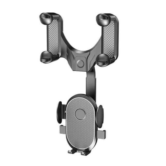 A sleek and modern universal car air vent phone holder with a black and gray design. The holder features a sturdy clamp mechanism with cushioned grips to securely hold a smartphone. The adjustable arms and bottom support ensure a snug fit for various phone sizes. The back of the holder has a textured surface for added grip and stability. Ideal for hands-free phone use while driving.
